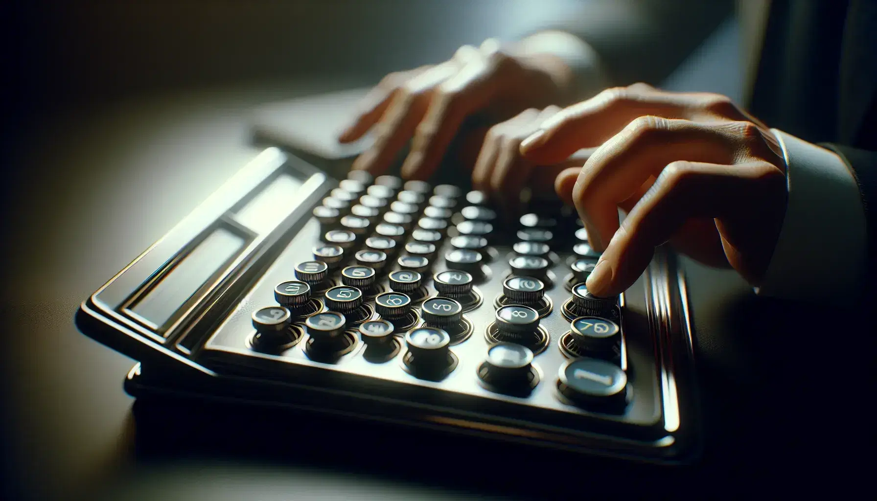 Close-up view of a vintage mechanical calculator with round gray keys and a professional's hands poised to press them, reflecting soft indoor light.