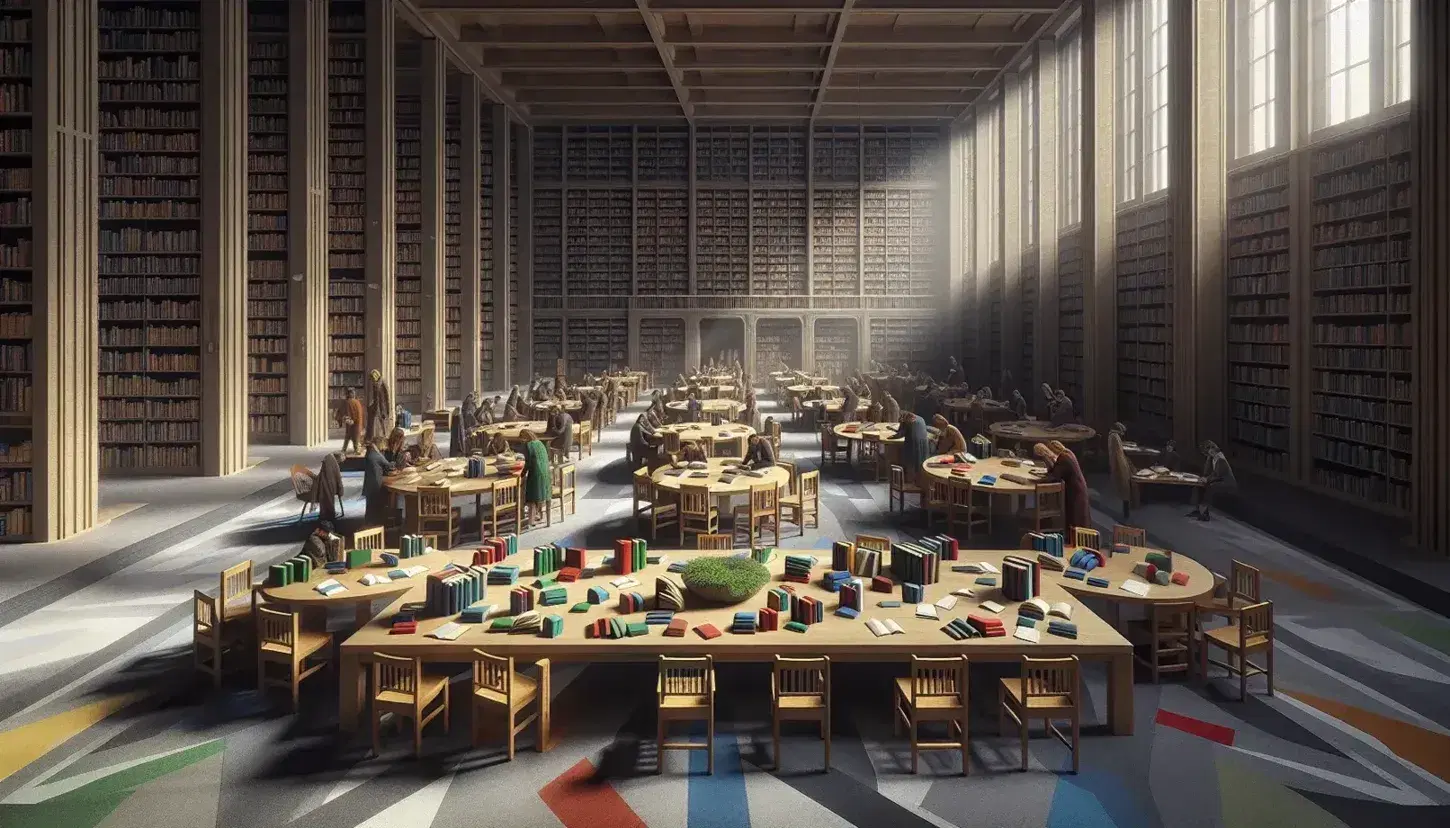 Scena di studio in biblioteca con studenti assorti tra libri colorati su tavolo in legno, scaffali pieni e luce naturale.