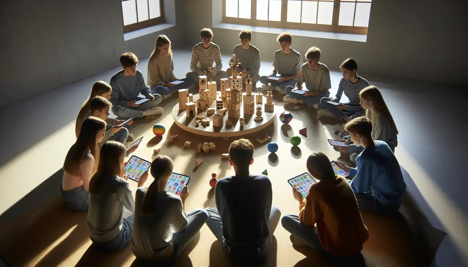 Grupo de estudiantes sentados en círculo participando en actividad educativa con bloques de madera y tabletas digitales en un aula iluminada naturalmente.
