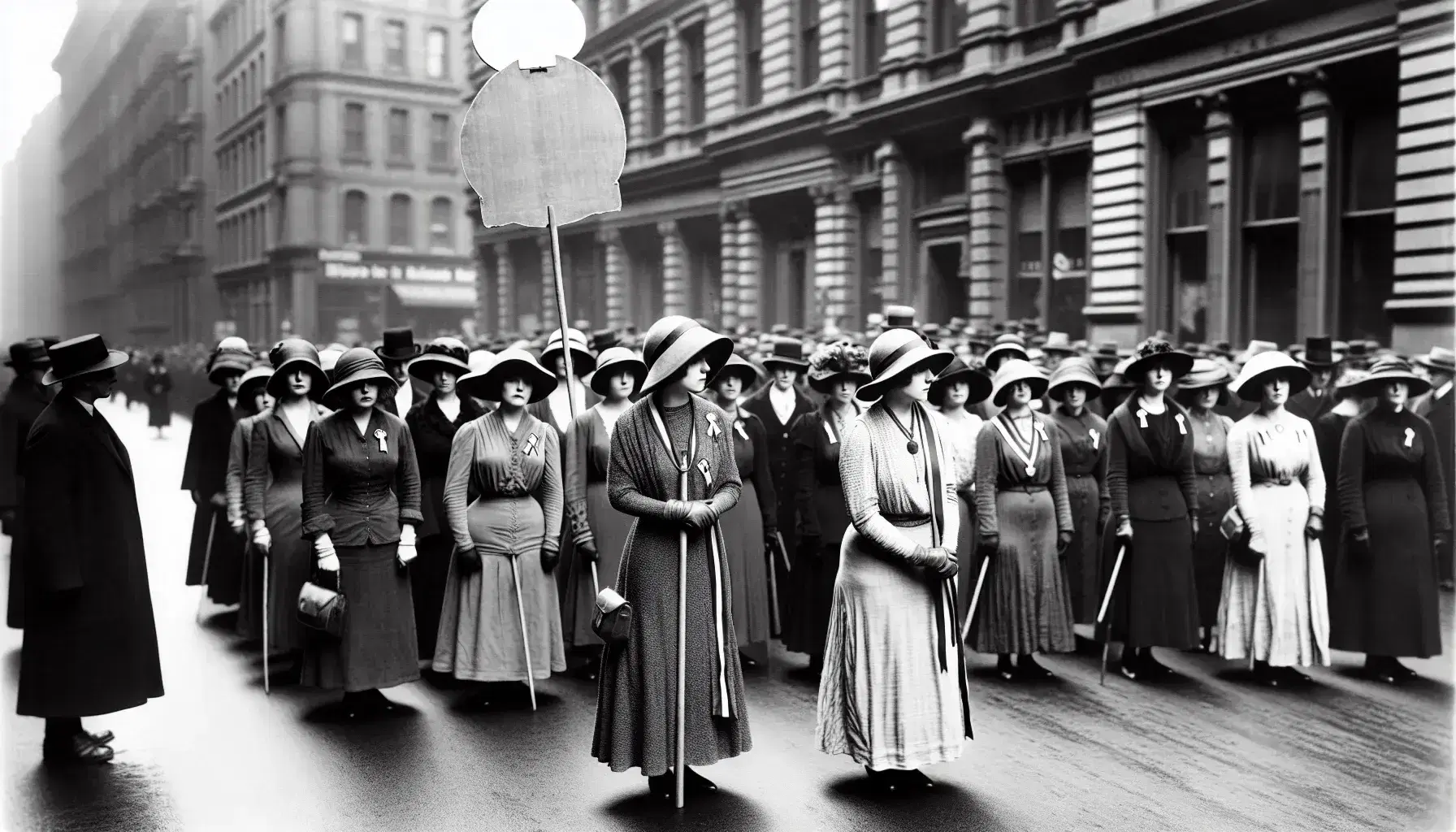 1920s suffrage parade with women in period attire, cloche hats, and knee-length dresses, holding blank placards on a city street.