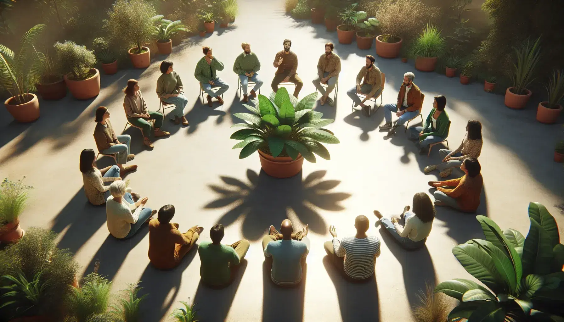 Grupo diverso de personas sentadas en círculo alrededor de una planta en un espacio iluminado, dialogando en un ambiente natural y sereno.