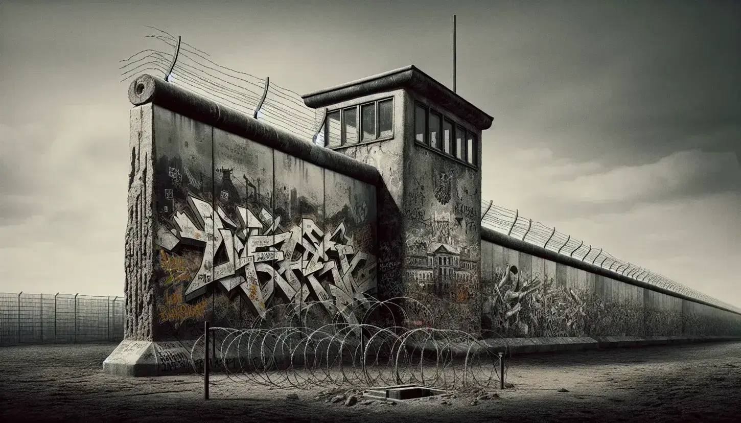 Berlin Wall section with graffiti, weathered guard tower, and rusted barbed wire under a cloudy sky, evoking a sense of historical division.