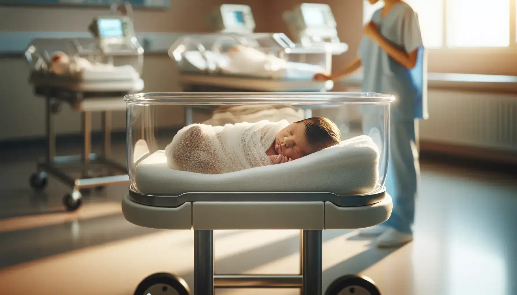 Newborn baby sleeping in transparent crib, wrapped in white blanket, with healthcare worker in blue coat looking on in softly lit hospital nursery.