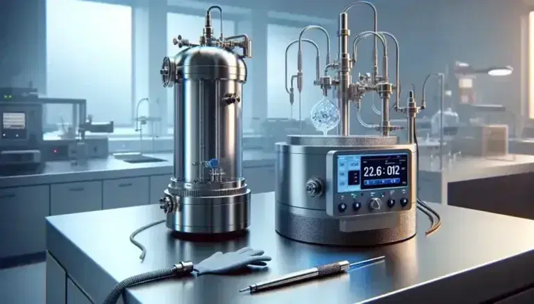 Modern laboratory with steel cryostat, digital thermometer and insulating gloves, colored glassware in the background, white LED lighting.