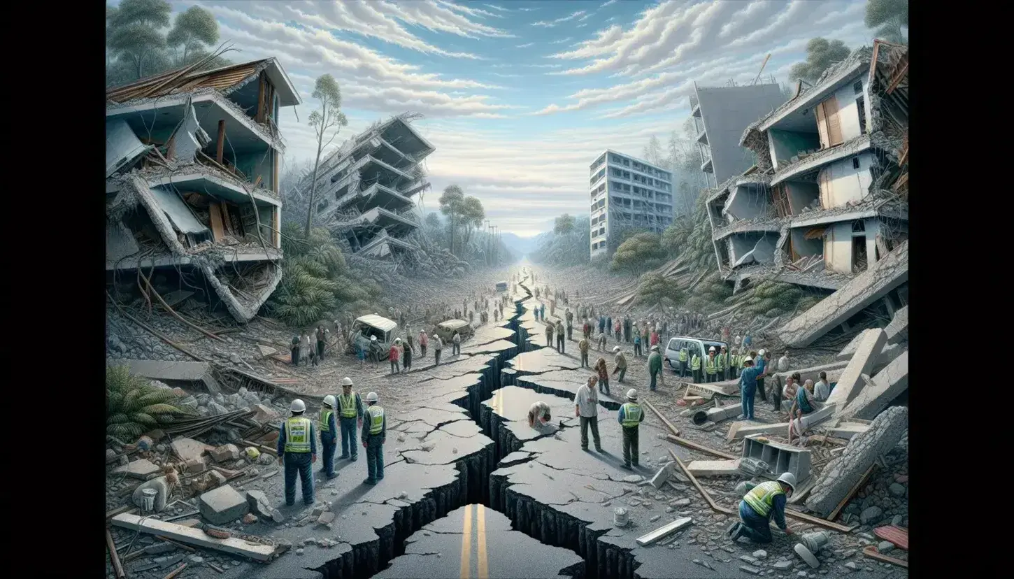 Paisaje post-terremoto con carretera agrietada, edificios dañados, escombros y grupo de personas con cascos y chalecos reflectantes evaluando daños.