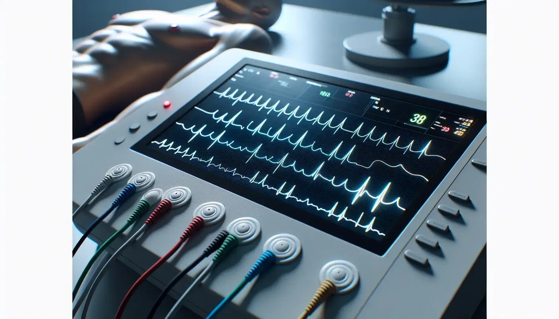 Electrocardiograma en funcionamiento mostrando ondas de ECG en pantalla azul con electrodos conectados a un torso humano.