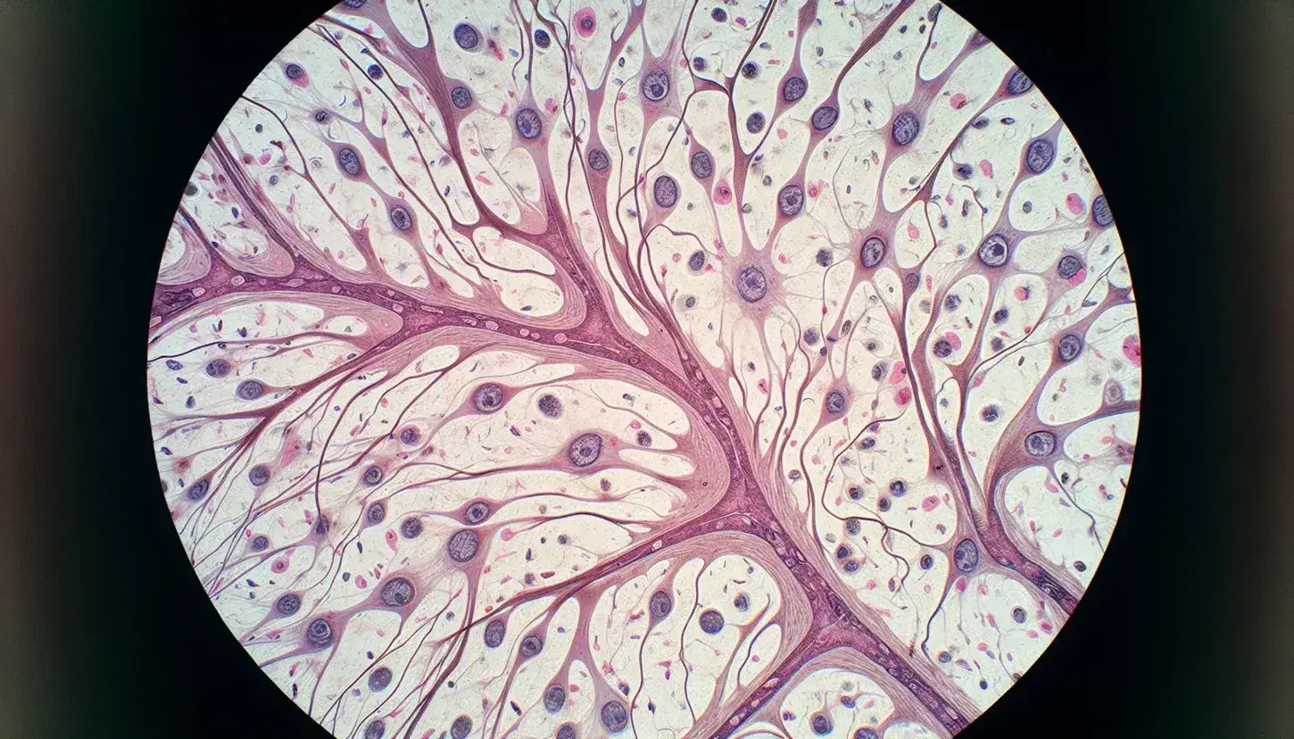 Vista microscópica de tejido nervioso con neuronas, dendritas, axones y células de soporte en tonos rosados y púrpuras por tinción.