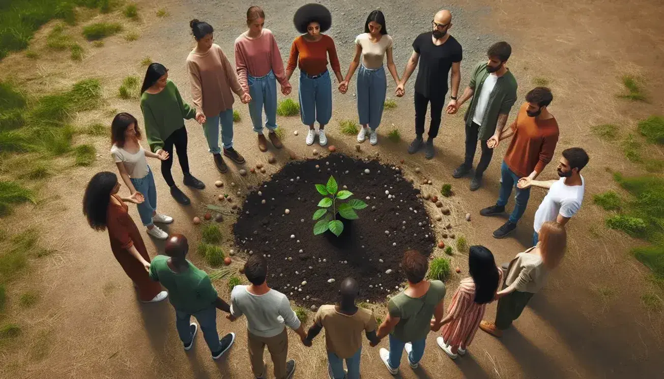 Grupo diverso de personas de distintas edades y etnias en círculo alrededor de una planta joven, simbolizando unidad y crecimiento en un entorno natural diurno.
