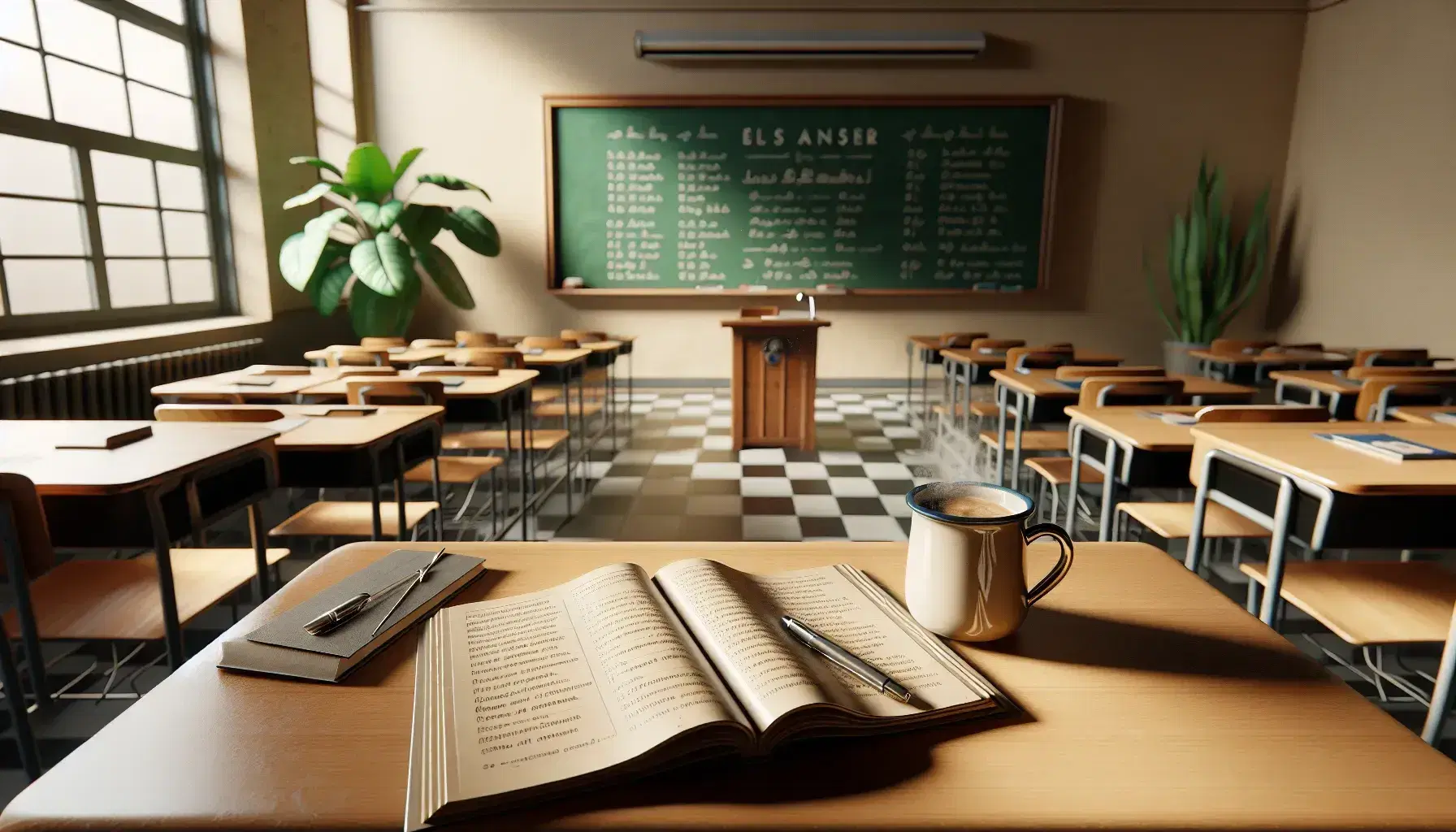 Tranquil Spanish classroom with a polished wooden teacher's desk, open textbook, coffee mug, silver pen, black notebook, and a green chalkboard.