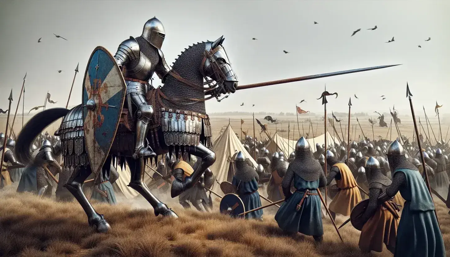 Cavaliere in armatura su cavallo corazzato brandisce lancia in battaglia medievale delle Crociate, circondato da soldati con scudi e armi.
