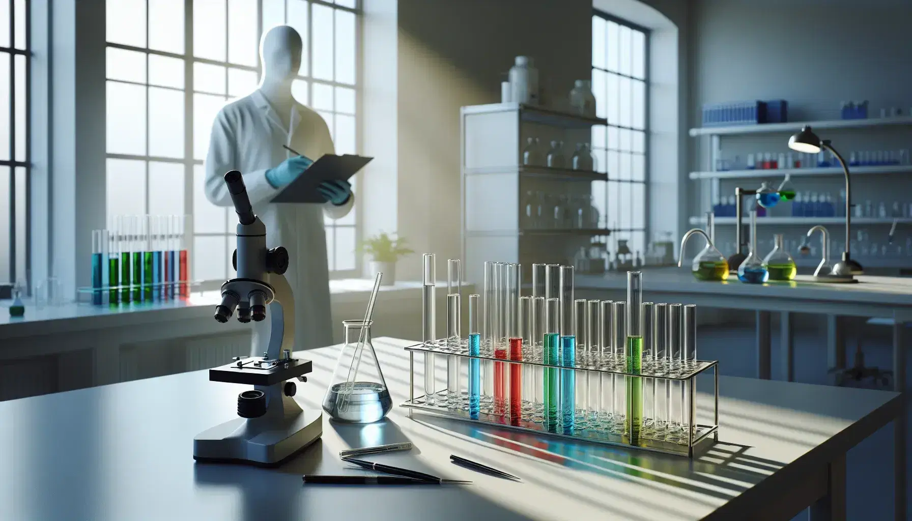 Laboratorio de investigación científica iluminado con luz natural, mesa con tubos de ensayo de colores y microscopio, investigador anotando en segundo plano.