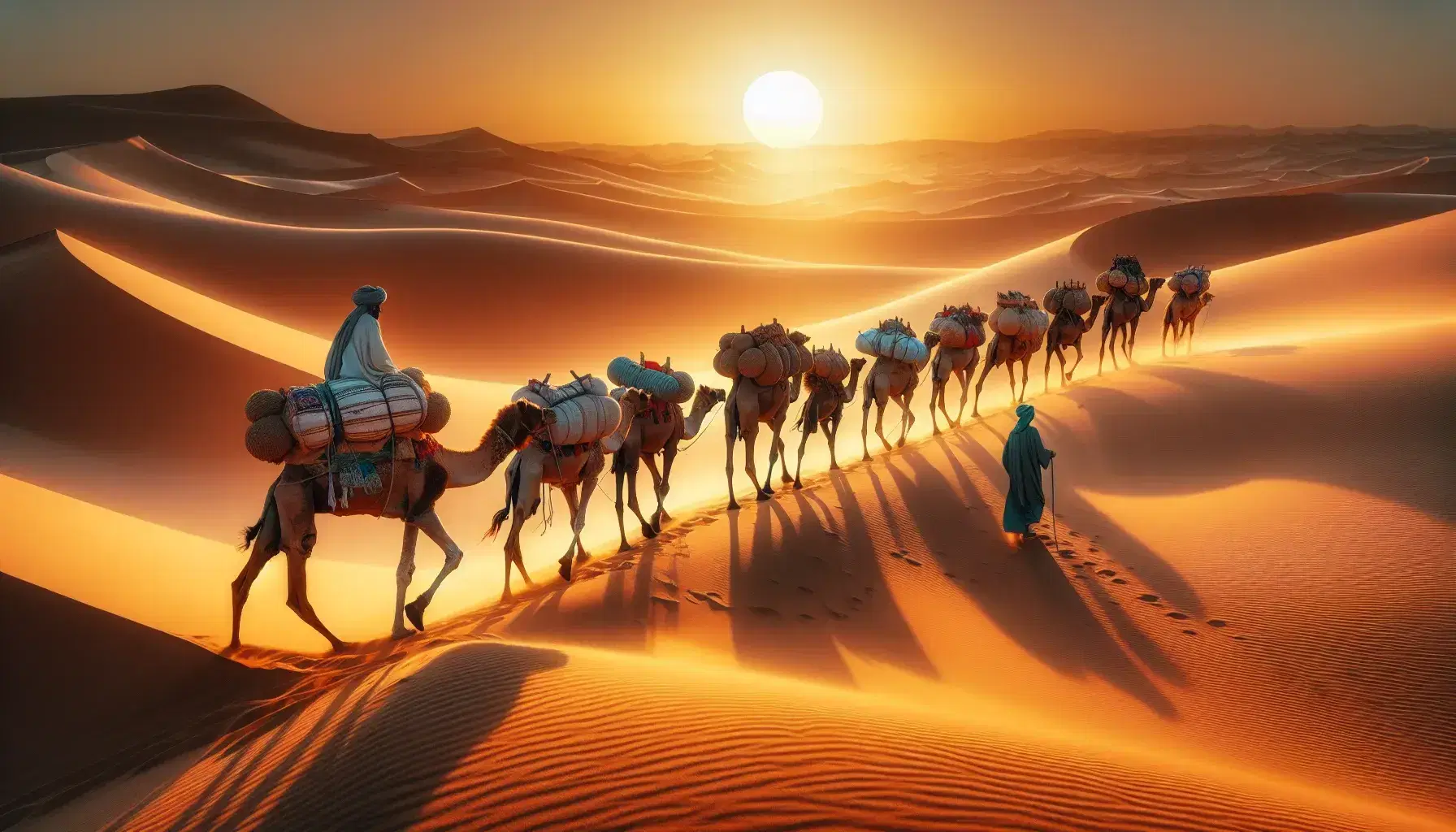 Sunset-lit desert scene with a camel caravan led by a robed figure, casting long shadows on dunes, under a gradient sky.