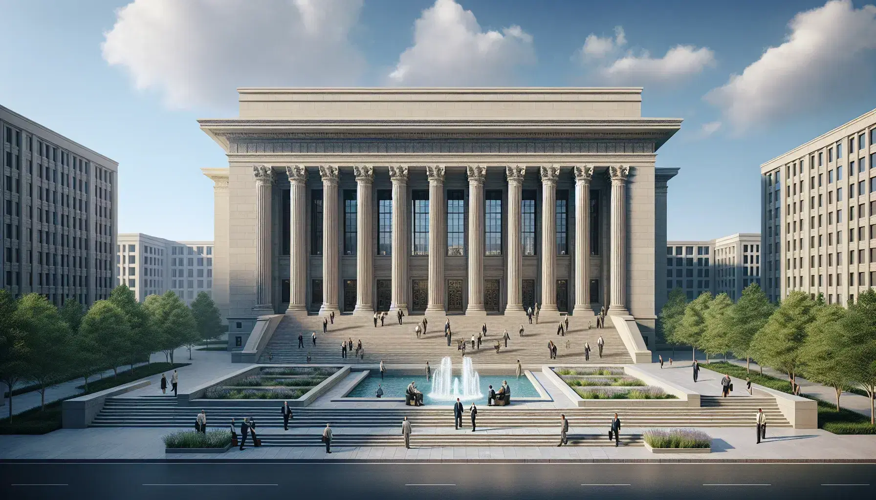Neoclassical building with stone columns, bustling with professionals on steps, manicured lawn and fountain under clear blue sky.