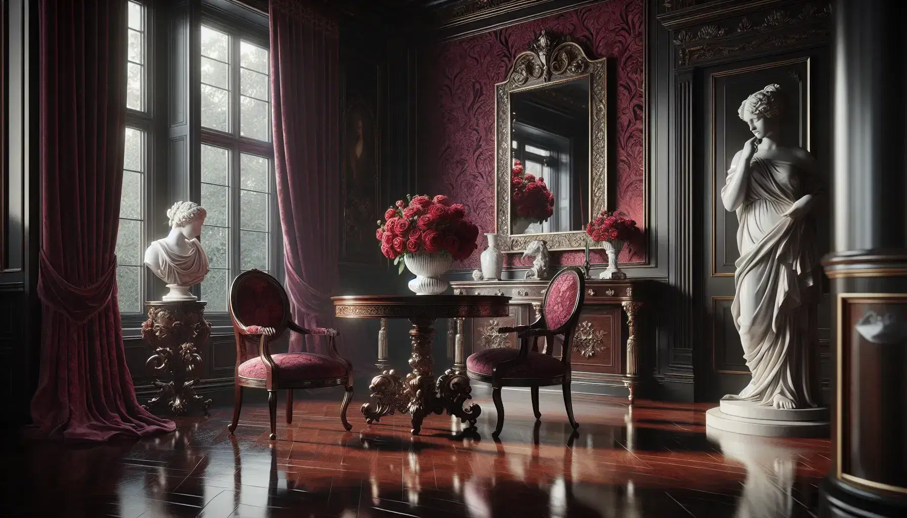 Sala d'epoca con pareti in legno scuro e tappezzeria rossa, tavolo rotondo e vaso con rose, sedie in velluto, statua marmorea e specchio dorato.