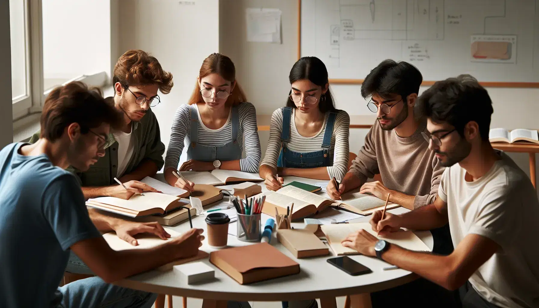 Grupo de cinco estudiantes diversos concentrados en sesión de estudio con libros y útiles escolares sobre mesa redonda.