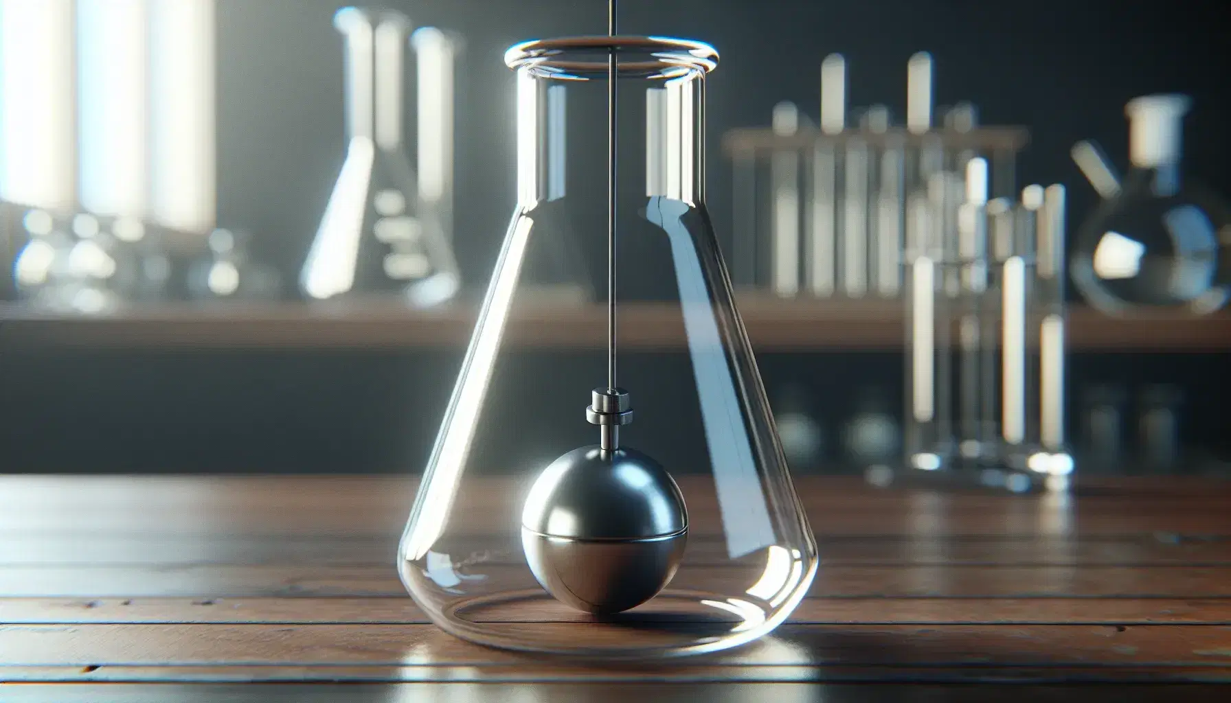 Clear glass flask with metallic pendulum at equilibrium on wooden table in a blurred laboratory background, showcasing scientific research equipment.