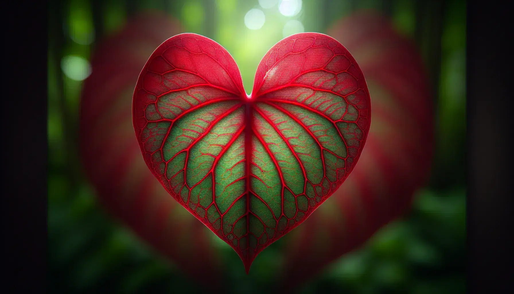 Vibrant red heart-shaped leaf with symmetrical veins against a soft-focus green forest backdrop, highlighting nature's intricate patterns.