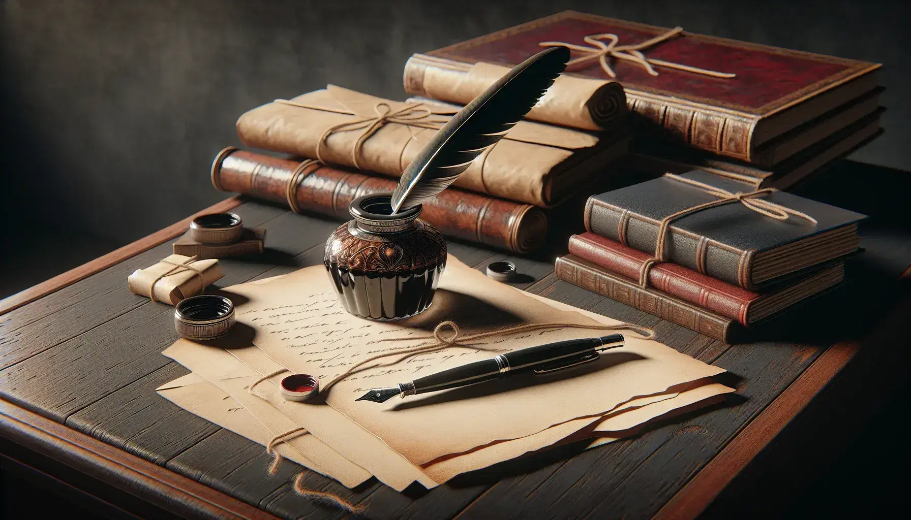 Scrivania antica in legno scuro con calamaio ceramico, piuma d'oca, rotolo di pergamena legato, lettere sigillate con ceralacca e penna stilografica moderna.