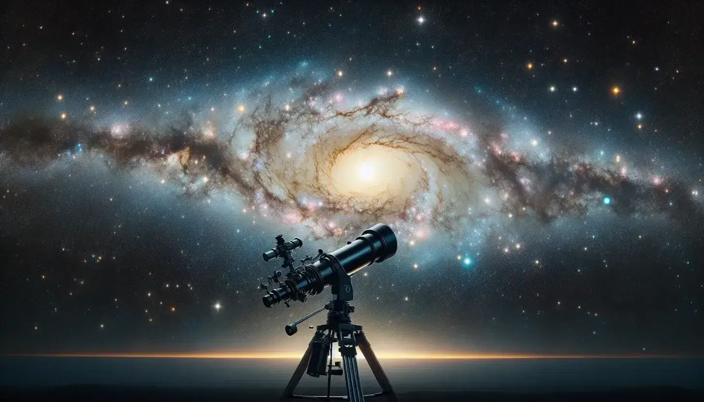 Vista panorámica nocturna del cielo estrellado con una galaxia espiral central y un telescopio reflector en primer plano sobre terreno oscuro.