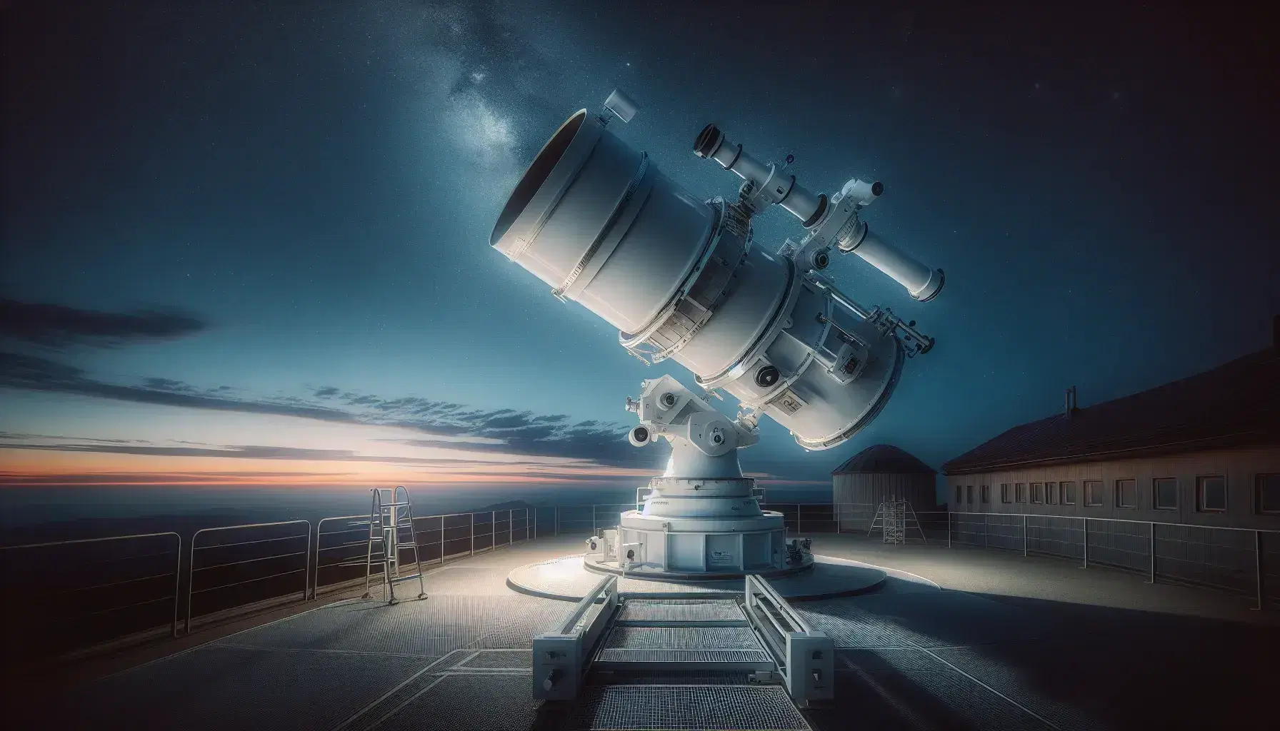 Telescopio riflettore bianco su piattaforma esterna al crepuscolo, cielo stellato iniziale, scala portatile accanto, atmosfera serena.