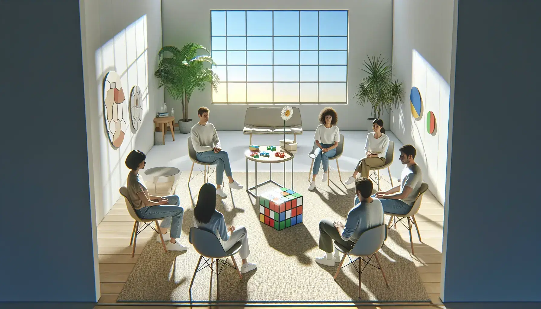Grupo diverso de cinco personas sentadas en círculo resolviendo un rompecabezas y un cubo de Rubik en una sala iluminada con ventana al exterior.