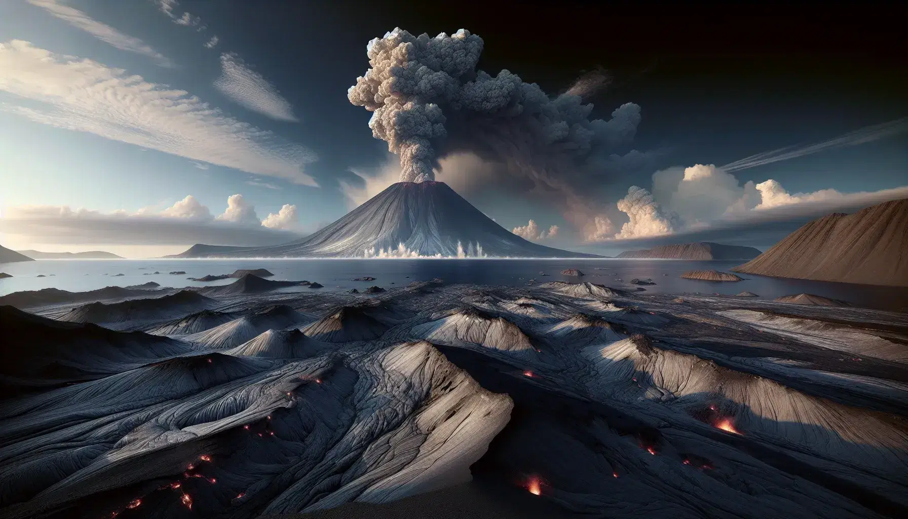 Paisaje volcánico primitivo con lava solidificada y cono volcánico humeante al atardecer, junto a un océano con fumarolas.