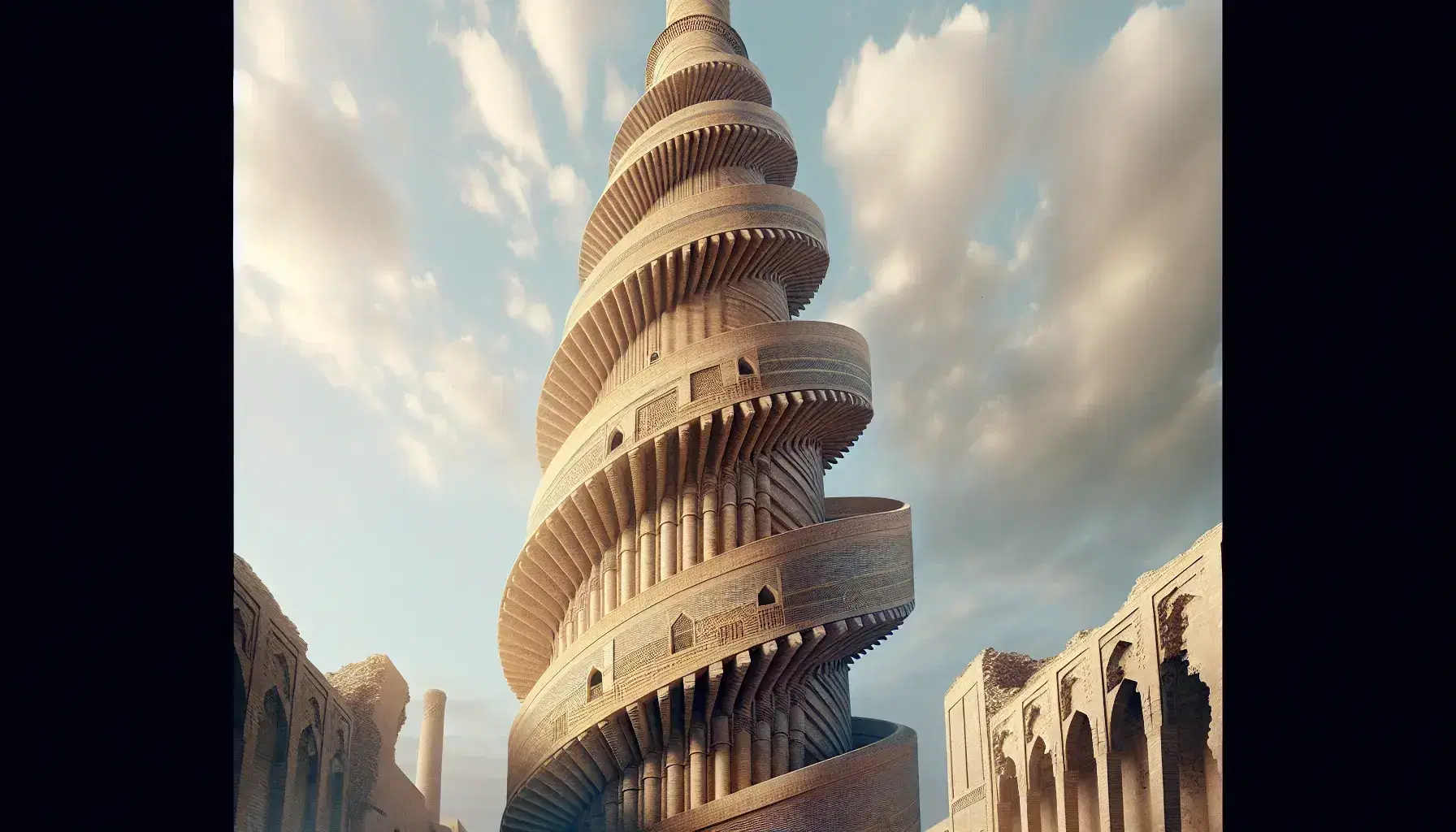 Minarete espiral Malwiya de la Gran Mezquita de Samarra con cielo azul y nubes, rodeado de ruinas antiguas de ladrillo.