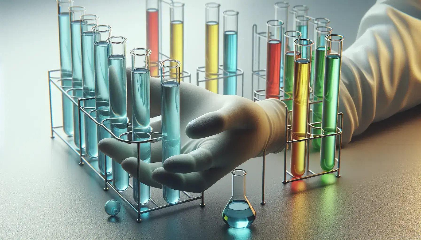 Mano con guante de látex sosteniendo un tubo de ensayo con líquido azul claro, con fondo de tubos de colores en laboratorio.