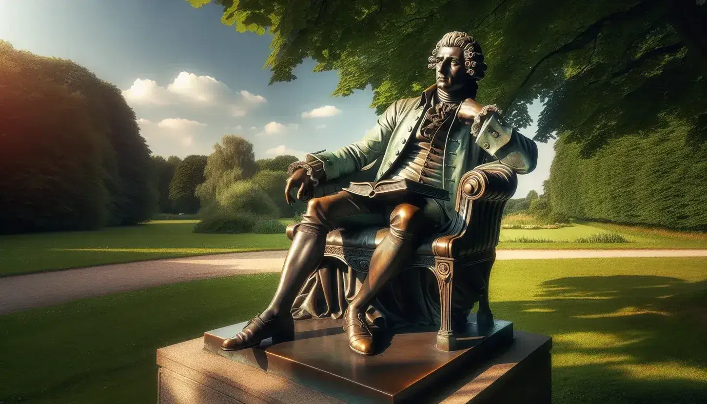 Estatua de bronce de un hombre del siglo XVIII sentado en silla clásica, con peluca, traje de época y libro cerrado en un jardín soleado.