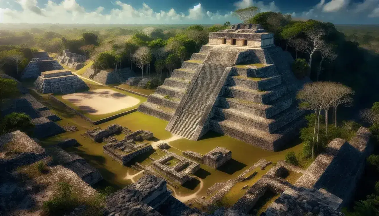 Vista panorámica de ruinas mayas con pirámide escalonada y cancha de juego de pelota entre vegetación tropical bajo cielo azul.