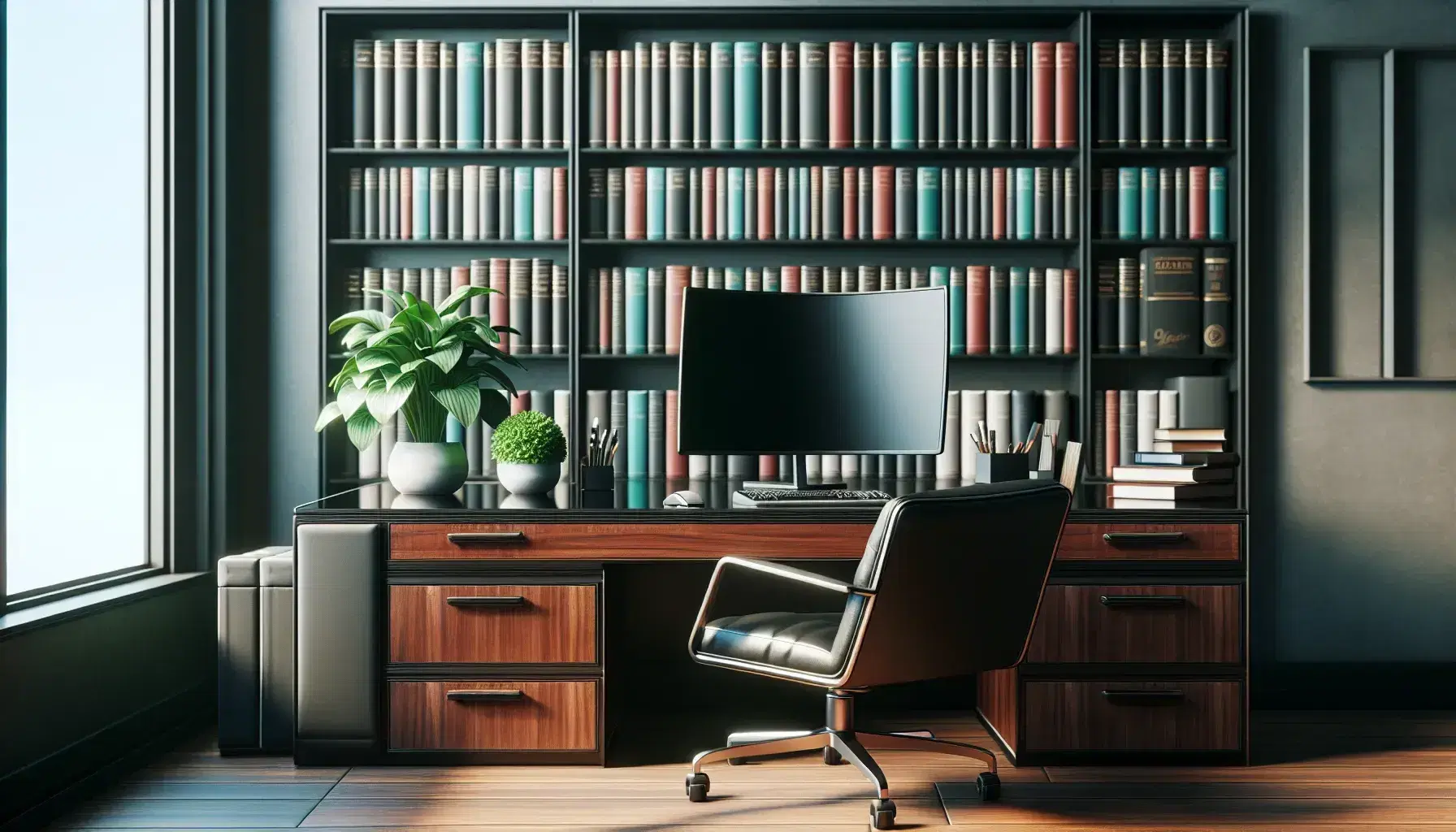 Tidy office with mahogany desk, modern computer turned off, green plant in white pot, black leather chair and bookcase full of untitled books.