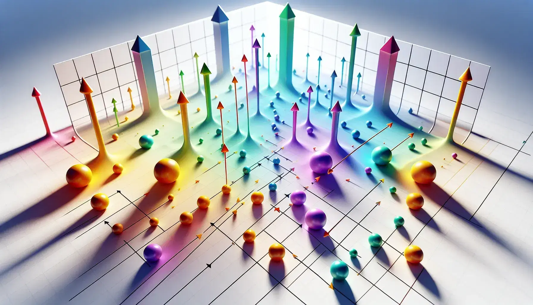 Three-dimensional coordinate system with red, green, and blue translucent axes and multicolored spheres scattered at varying depths and positions.