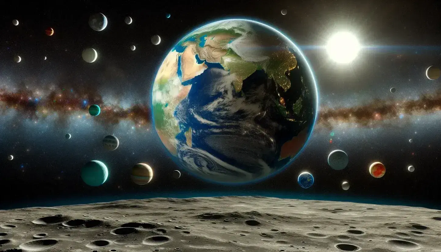Vista spaziale della Terra con atmosfera, illuminata dal sole, con sfondo di stelle e superficie lunare craterizzata.
