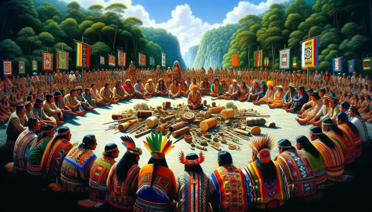 Indigenous Latin American community members in traditional attire engage in a discussion amidst a forest clearing, with ceremonial items and banners present.
