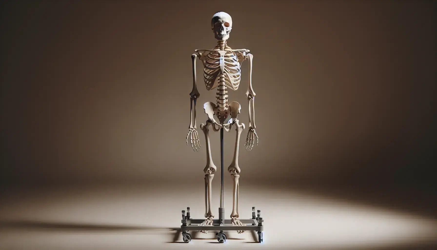 Esqueleto humano completo montado en soporte metálico con ruedas, mostrando detalles anatómicos y textura ósea, sobre fondo neutro.