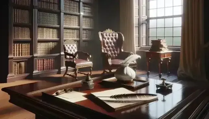 Escena de salón del siglo XIX con mesa de madera oscura, pluma de ave, tintero de porcelana, papeles, estantería con libros encuadernados y ventana iluminada.