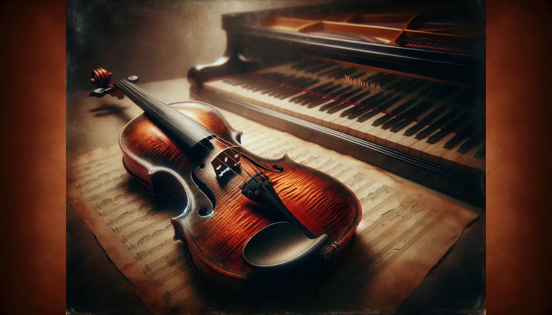 Violino marrone scuro su velluto rosso con sfondo sfumato beige, pianoforte a coda sfocato e foglio di musica vuoto.