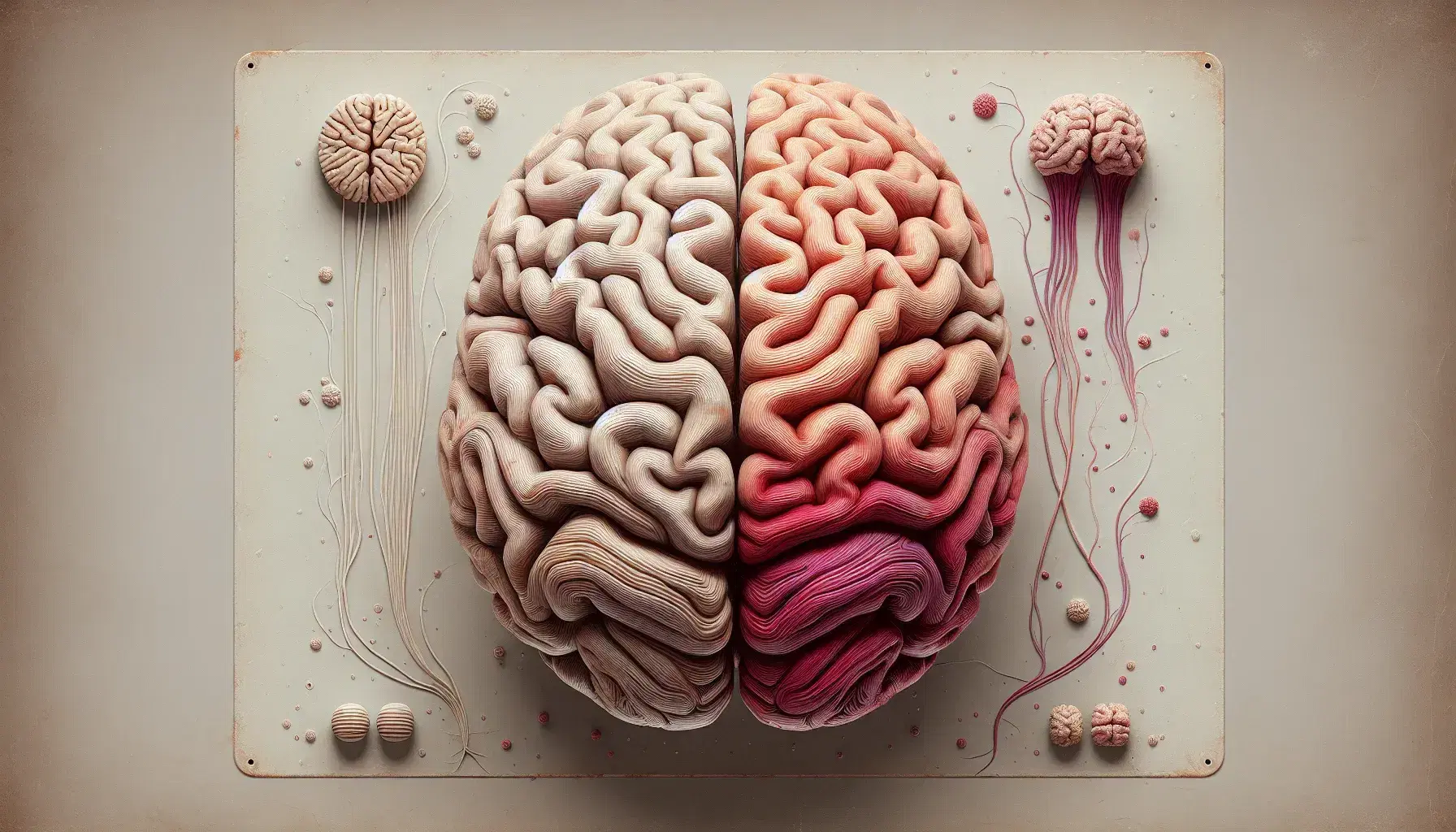 Rappresentazione dettagliata del cervello umano dall'alto con emisferi, cervelletto e tronco cerebrale su sfondo neutro.