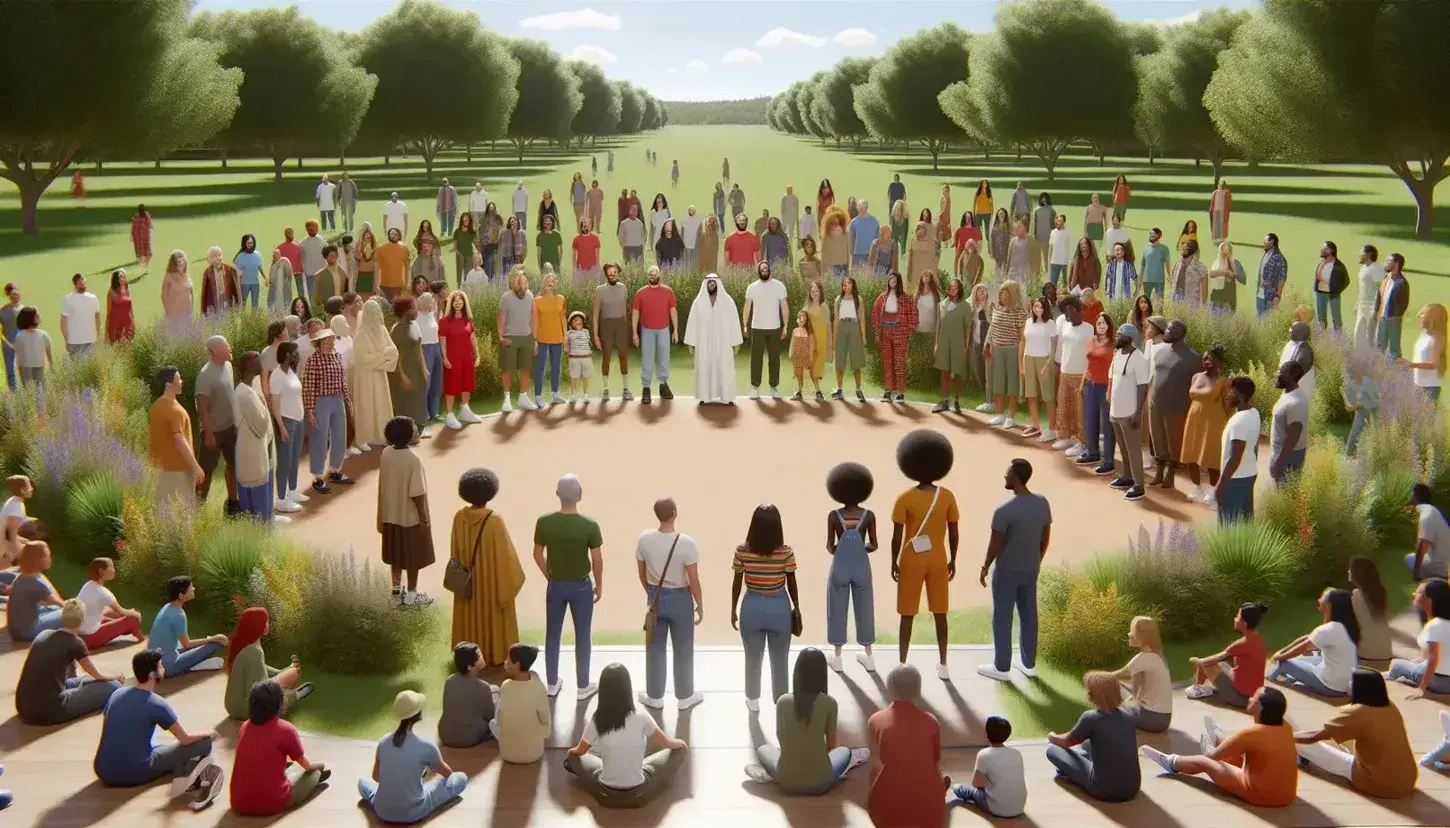 Grupo diverso de personas interactuando al aire libre en un día soleado, con árboles verdes y cielo azul de fondo, reflejando comunidad y armonía.