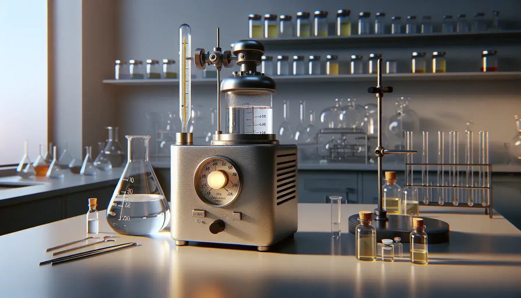 Laboratorio de física con calorímetro metálico y termómetro, vaso de precipitados con líquido y mechero Bunsen encendido, estantes con frascos de colores en el fondo.