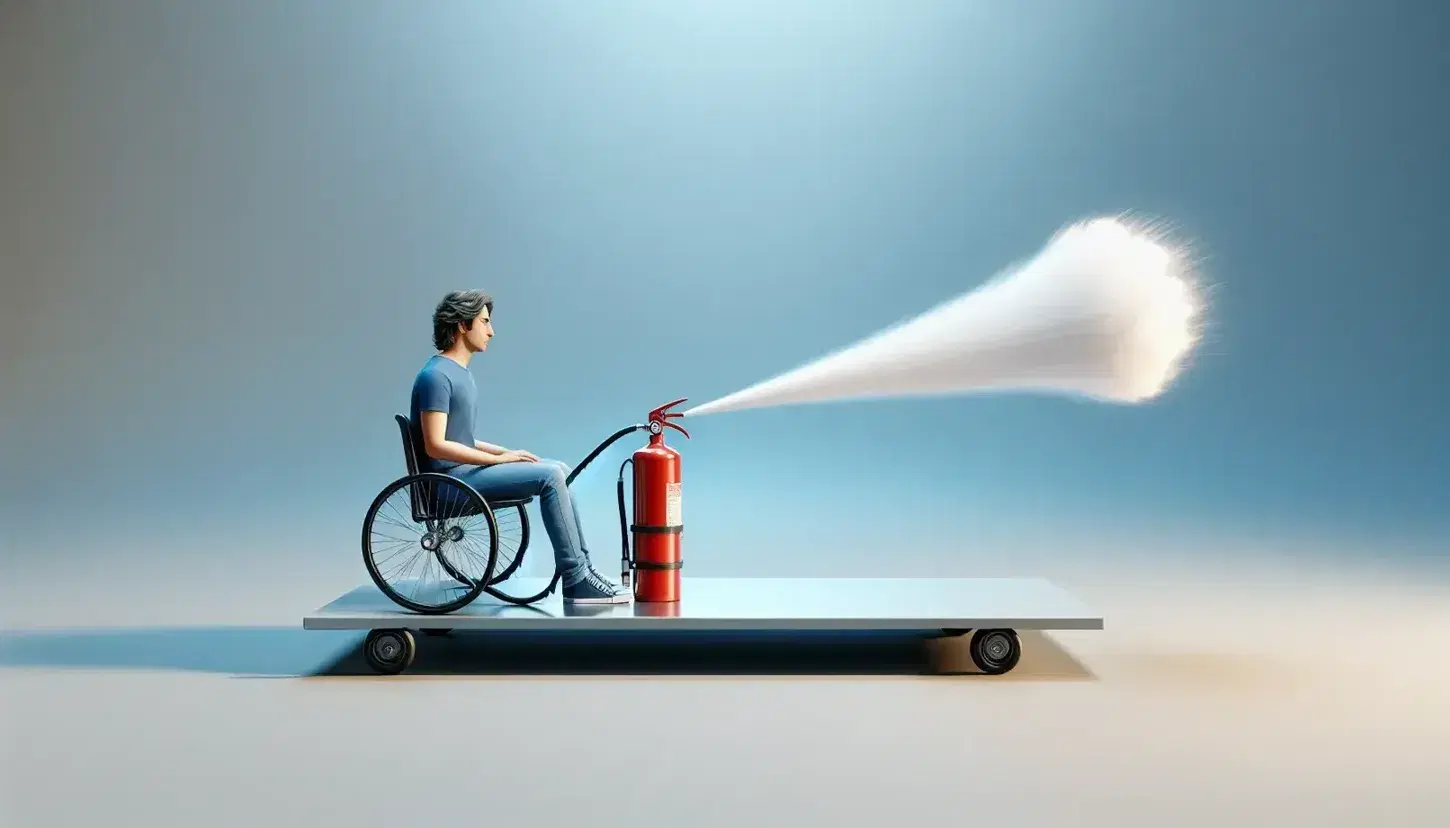 Person on a stationary cart uses a red fire extinguisher, expelling propellant to the left, demonstrating Newton's Third Law of motion.