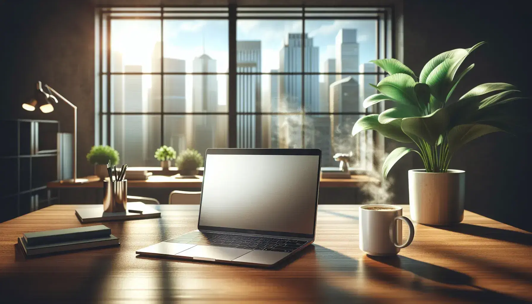 Modern office with wooden desk, silver laptop on, cup of steaming coffee and green plant, panoramic city window background.