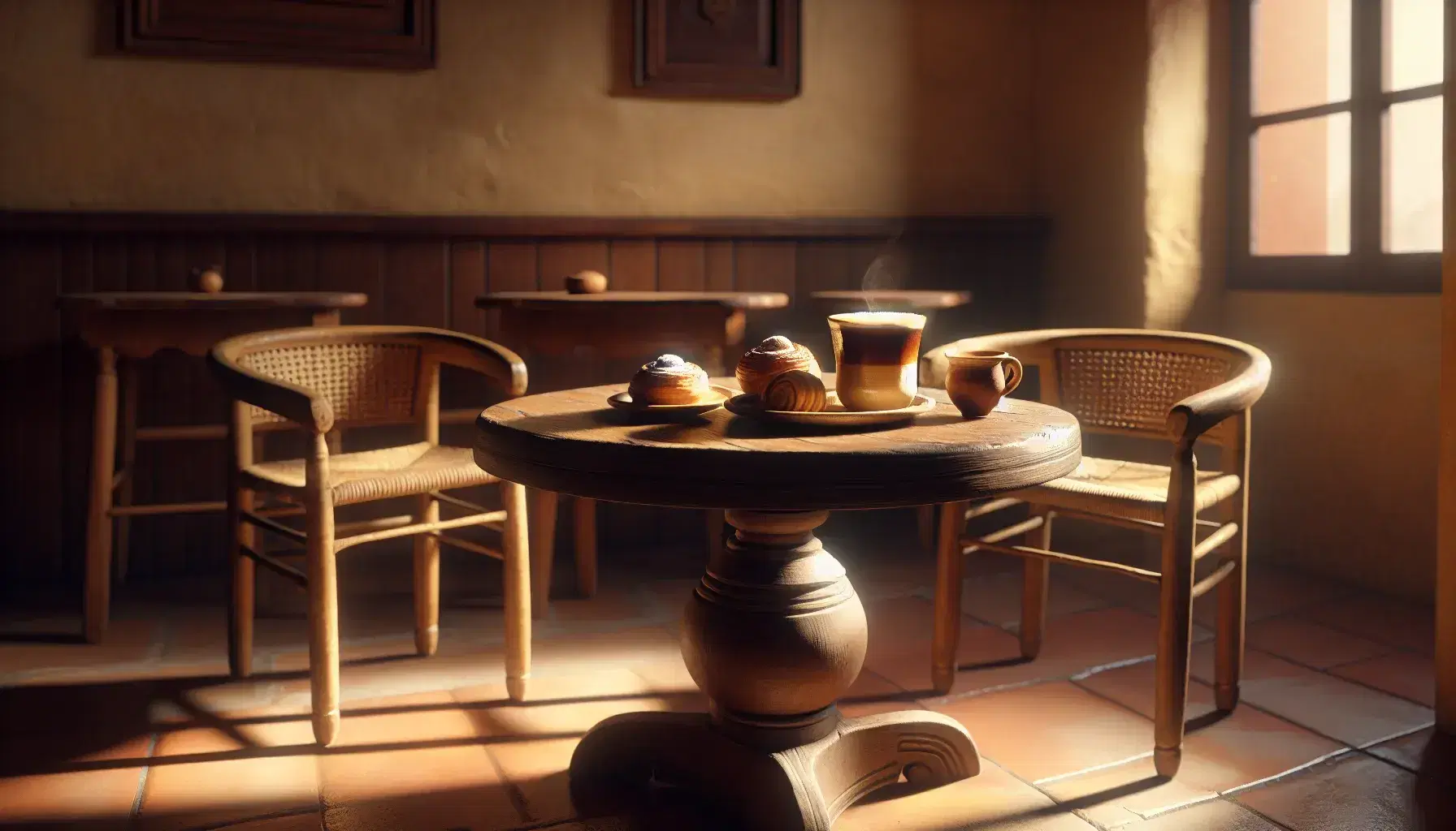 Cozy Spanish cafe with sunlit wooden table, ceramic coffee cups, frothy cappuccino, and flaky pastries on a plate, surrounded by wicker chairs.