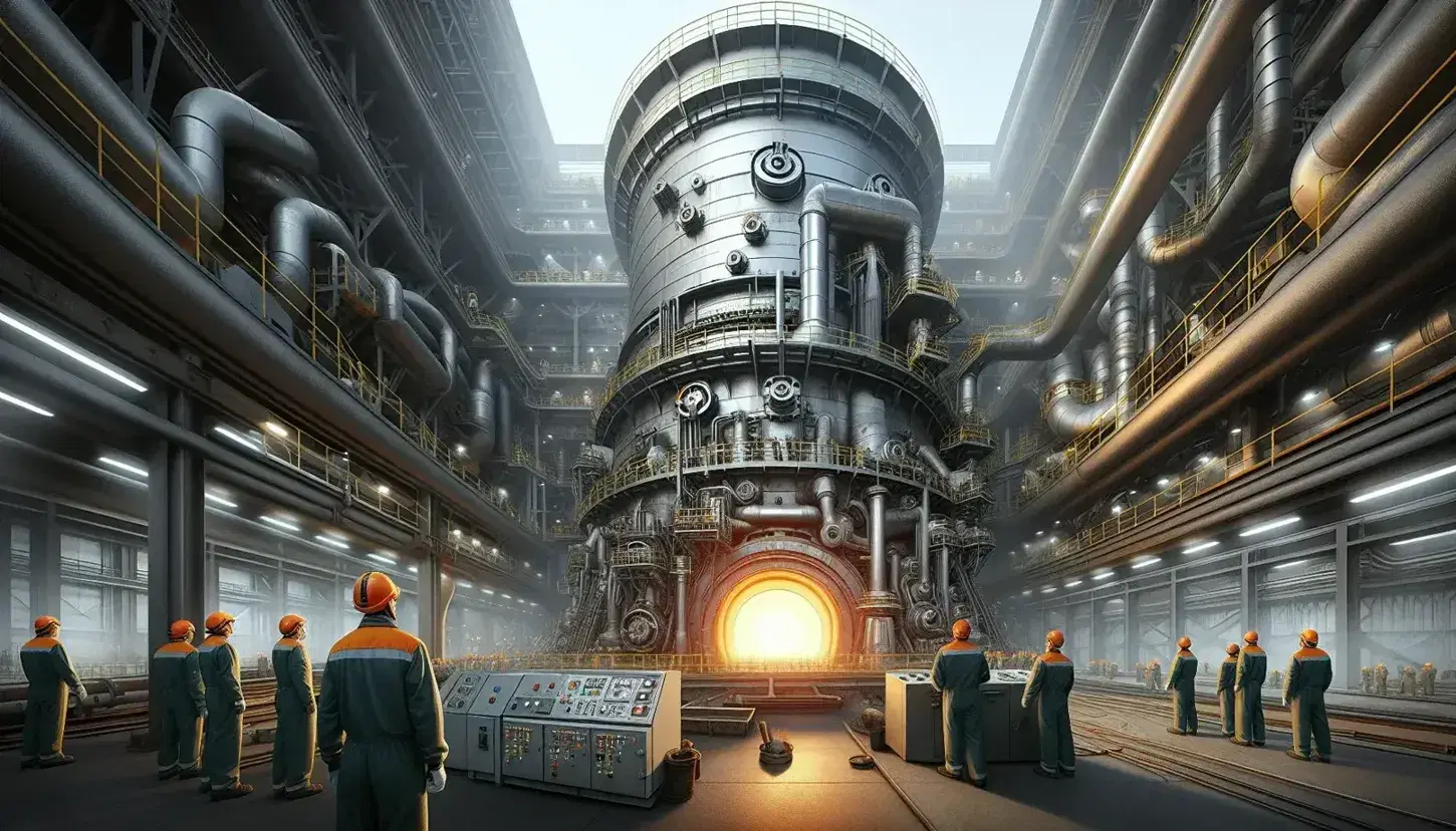 Industrial blast furnace for metal extraction with workers in green overalls and orange helmets, controls and orange glow from opening.