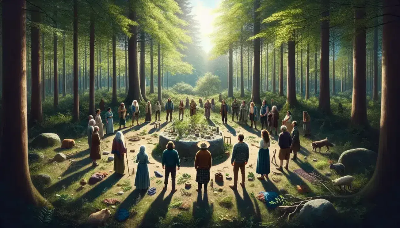 Grupo multicultural al aire libre en un claro de bosque, conversando alrededor de una roca con objetos naturales, rodeados de árboles y sin tecnología visible.