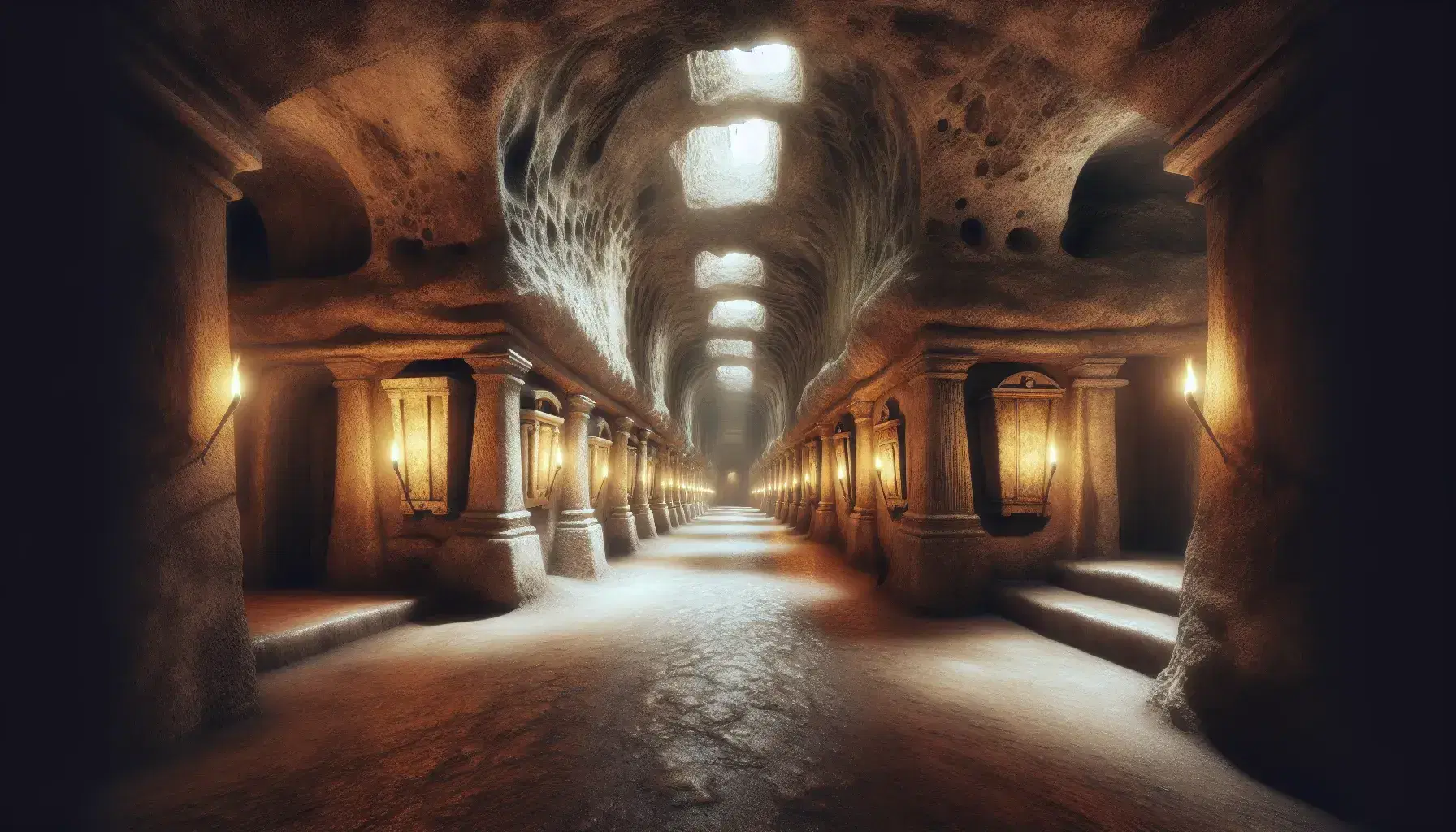 Corridoio delle Catacombe di Roma illuminato da torce con sarcofagi nelle nicchie e soffitto irregolare che conduce verso una luce.