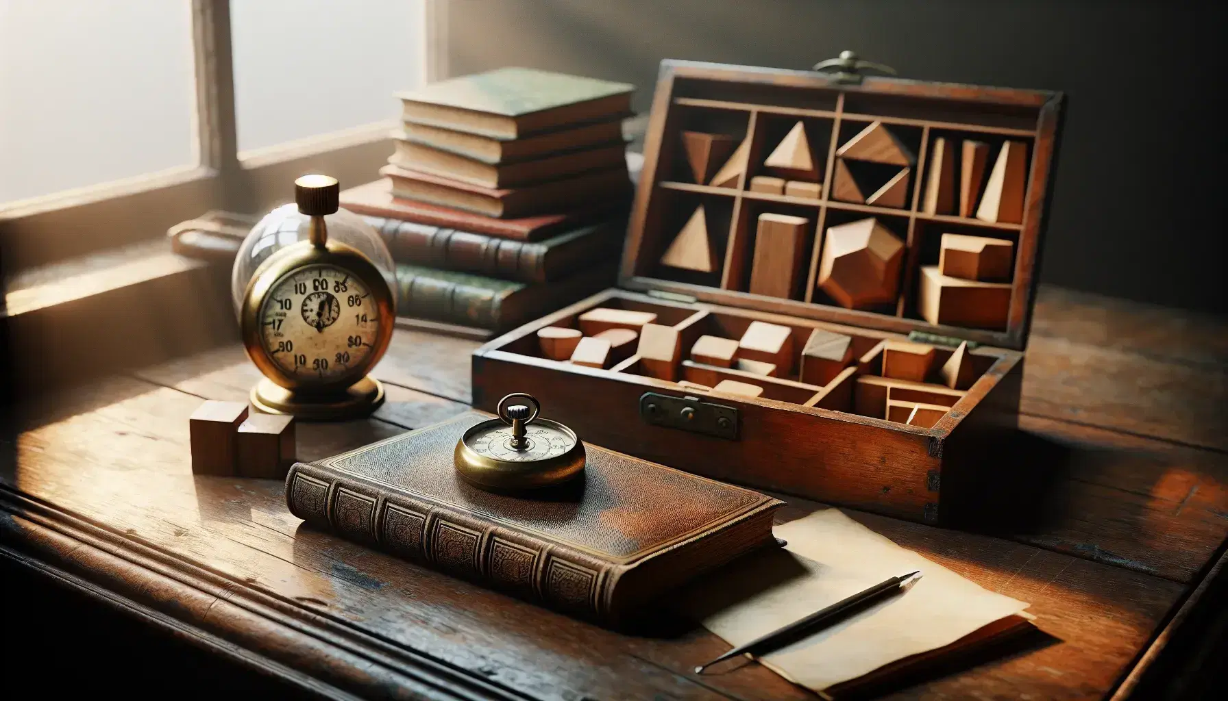Vintage wooden desk with brass stopwatch, geometric blocks, leather bound book, inkwell and quill pen, blurry green bank lamp.
