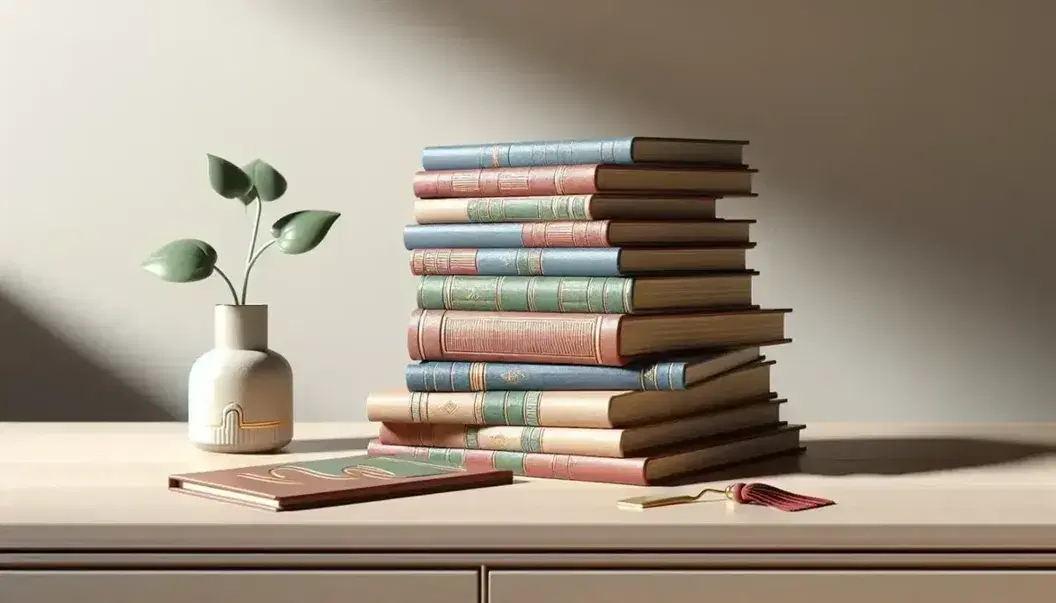 Pila inclinada de libros de tapa dura en colores variados sobre mesa de madera clara con marcador dorado y planta en maceta blanca al fondo.