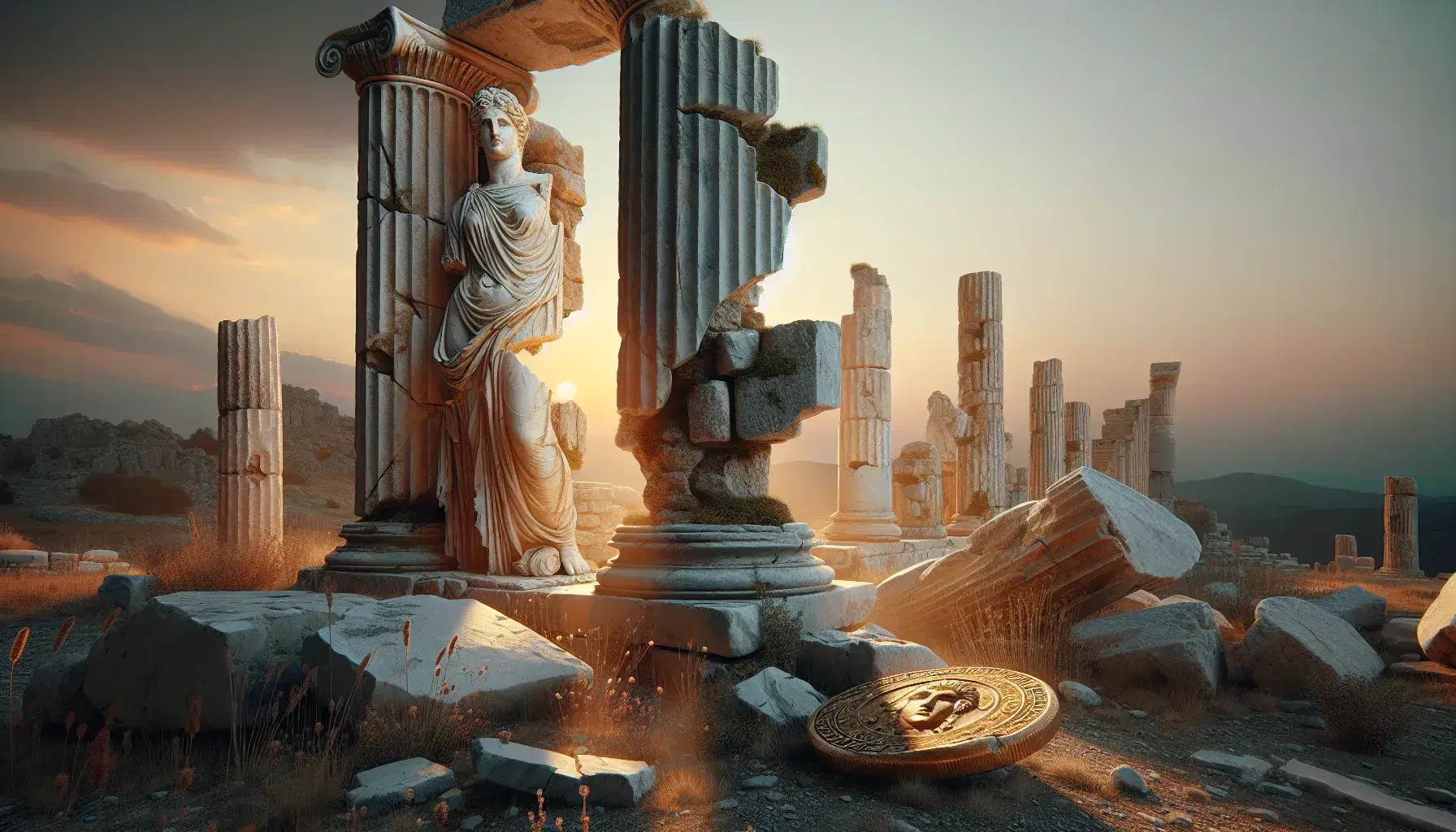 Colonna dorica erosa al tramonto tra rovine greche, statua marmorea e antica moneta d'oro su terreno erboso, tempio sullo sfondo.