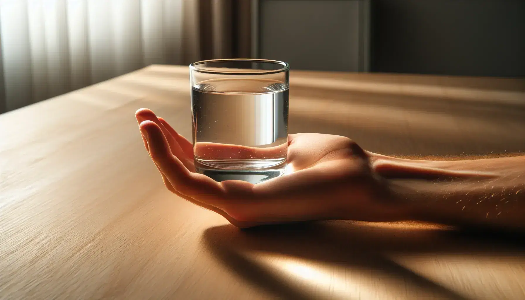 Mano sosteniendo vaso de agua a la mitad sobre mesa de madera clara, reflejando pureza y frescura con luz suave y sombras difusas.